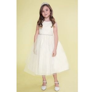 Ivory Sequin Girls Tulle Short Dress